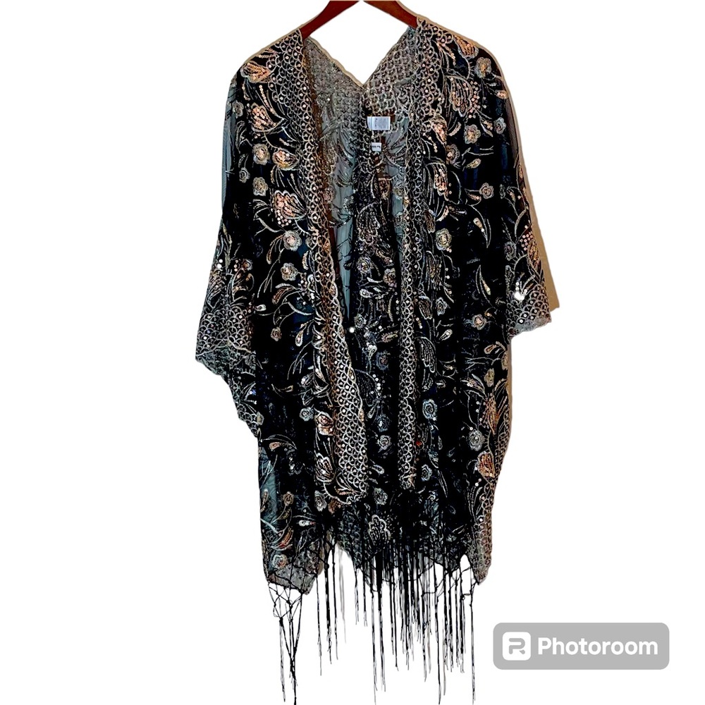 Kirks Folly DreamKeeper Collection Black W/Gold Sequin Caftan/Wrap - One Size